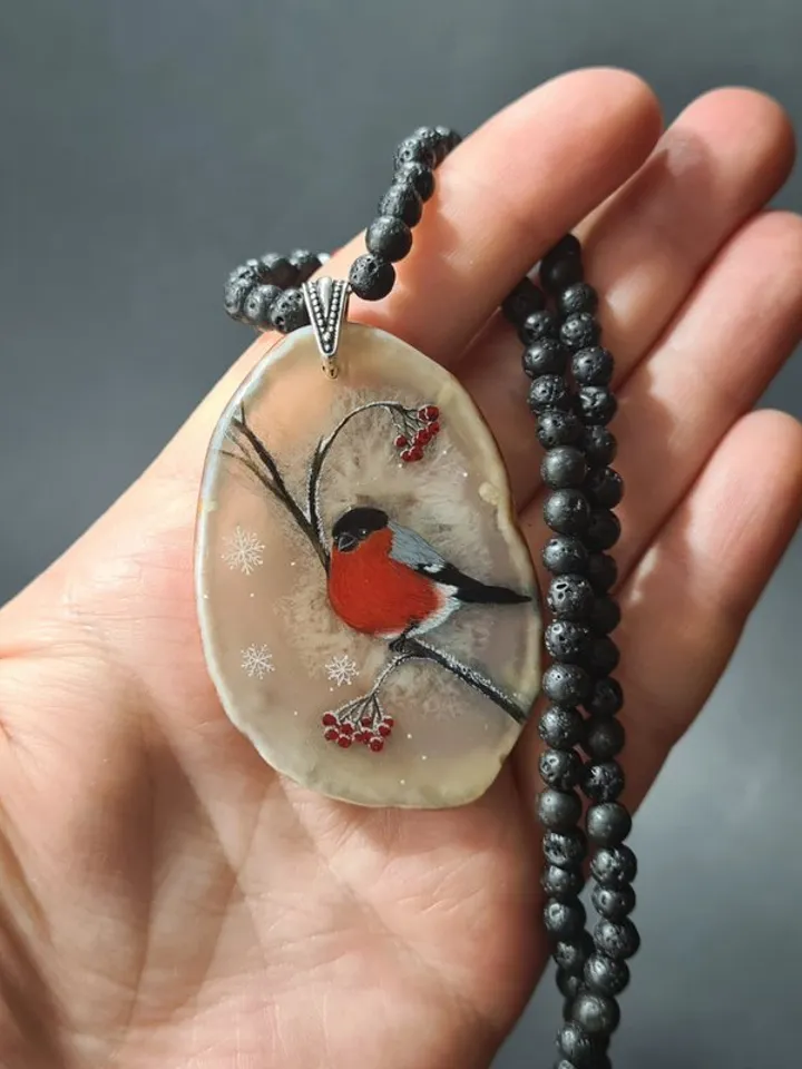 Bullfinch on a rowan branch necklace Hand painted Christmas Gift Wrapping