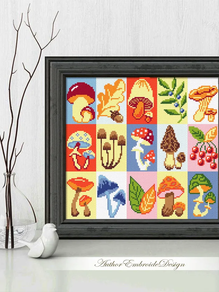Mushroom cross stitch pattern PDF download Fall cross stitch chart, Scandinavian folk sampler patchwork, Mushroom pattern digital PDF #L57