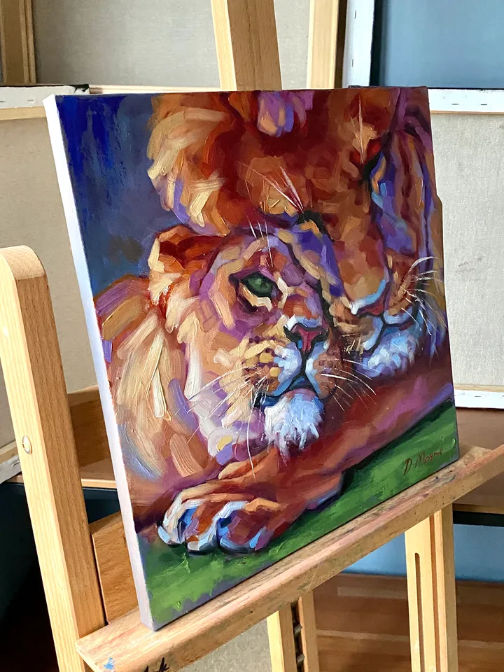Lion And Lioness Painting Original African Animal Artwork Oil On Canvas 16x16 Inch Wildlife Wall Art