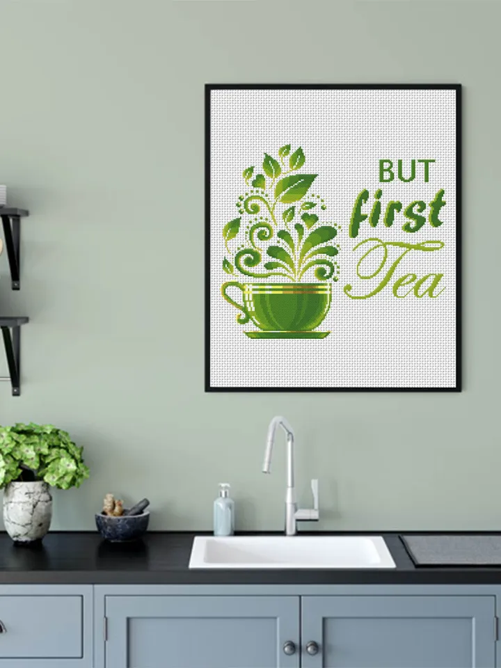 Herbal tea cup cross stitch pattern But first tea Instant download PDF, Tea quote cross stitch chart, Modern tea sampler, Tea lover gift #Q9