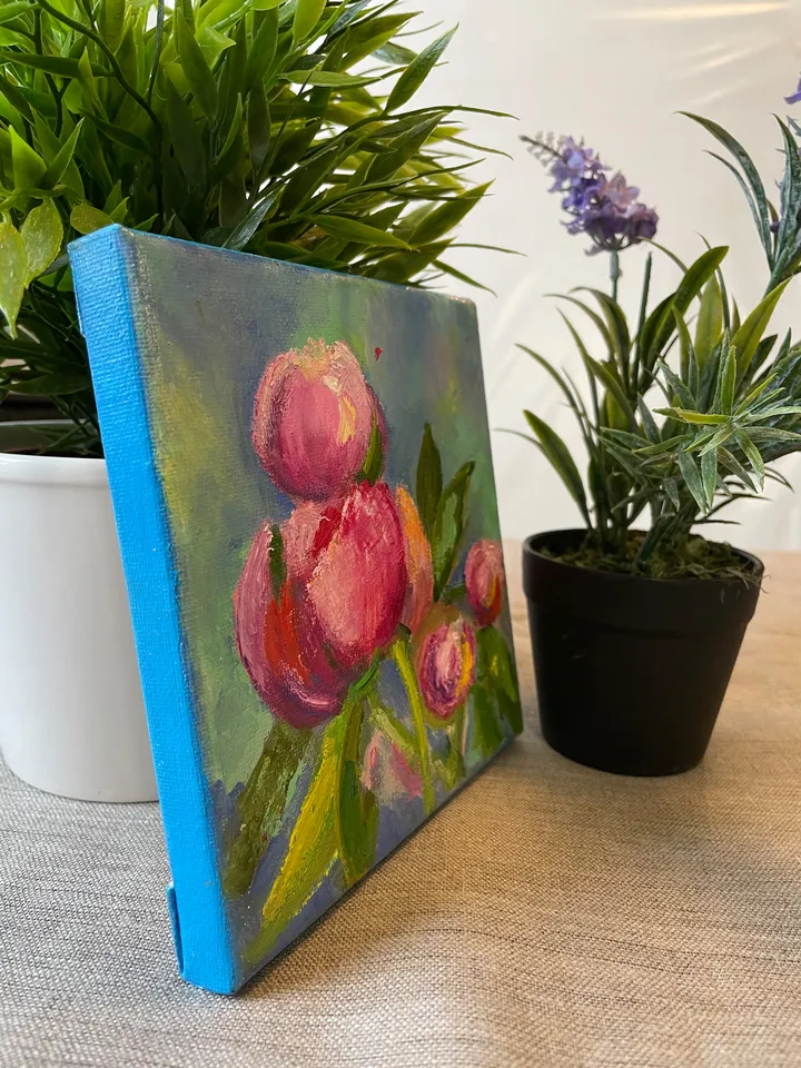 Peony oil painting on canvas, Small flower painting, Floral art