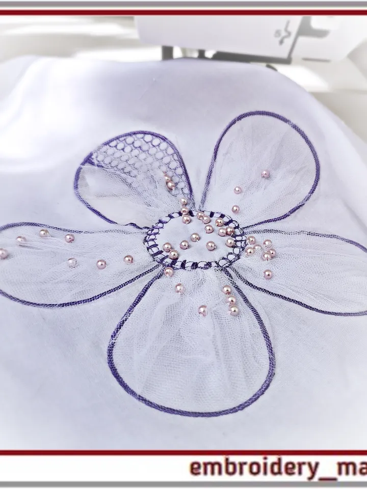 3D embroidery design flower appliqué with mesh drapery by Embroidery Manavi 05