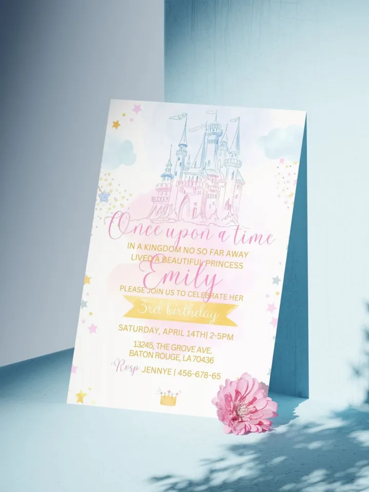 Watercolor Princess Castle Birthday Invitation Card - Editable Canva Template
