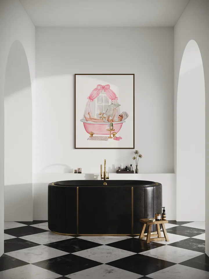 Pink Bathroom Vintage Bow Watercolor Print, Woman Drinking Art, Pink Bow, Pink Bathtub, Boho Bathroom, Bath Decor, Gift For Her, Bathtub Art
