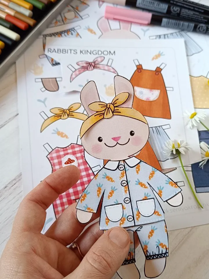 Printable Paper Bunny Doll Template, Dress Up Cut Out Doll, Busy Book Activities, Vintage Inspired Paper Doll, Nostalgic Craft Activities, Easter Bunny