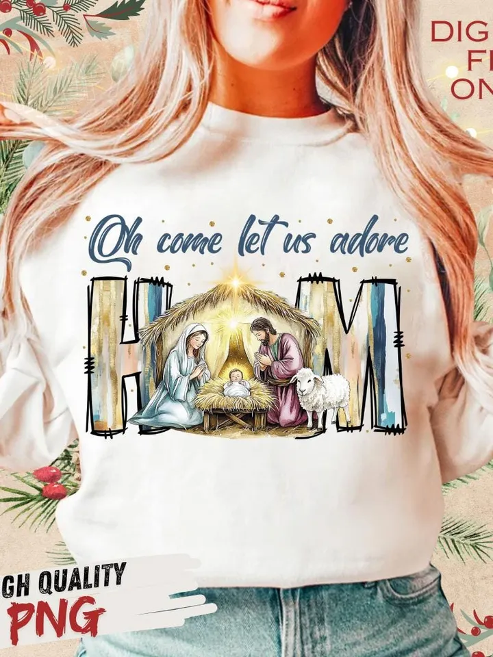 Oh Come Let Us Adore Him Png, Nativity Scene Christmas Png, Coquette Jesus Christmas Png, Baby Jesus Png, Oh Holy Night Png, Hand Drawn