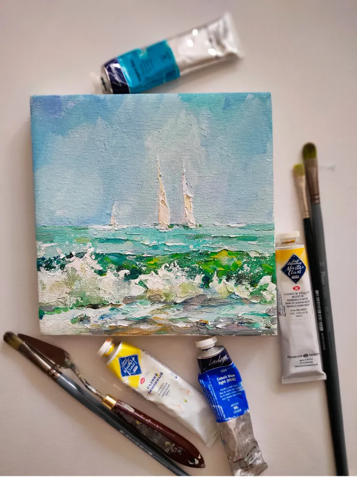 Oil Painting California Seascape Original Artwork Canvas Wall Art Impasto Small Painting 8 by 8 inches