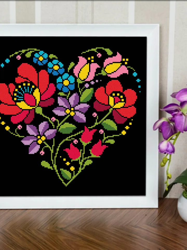 Flower heart cross stitch pattern PDF download Folk flowers cross stitch chart, Floral ornament heart shaped, Heart ornament pattern #P36