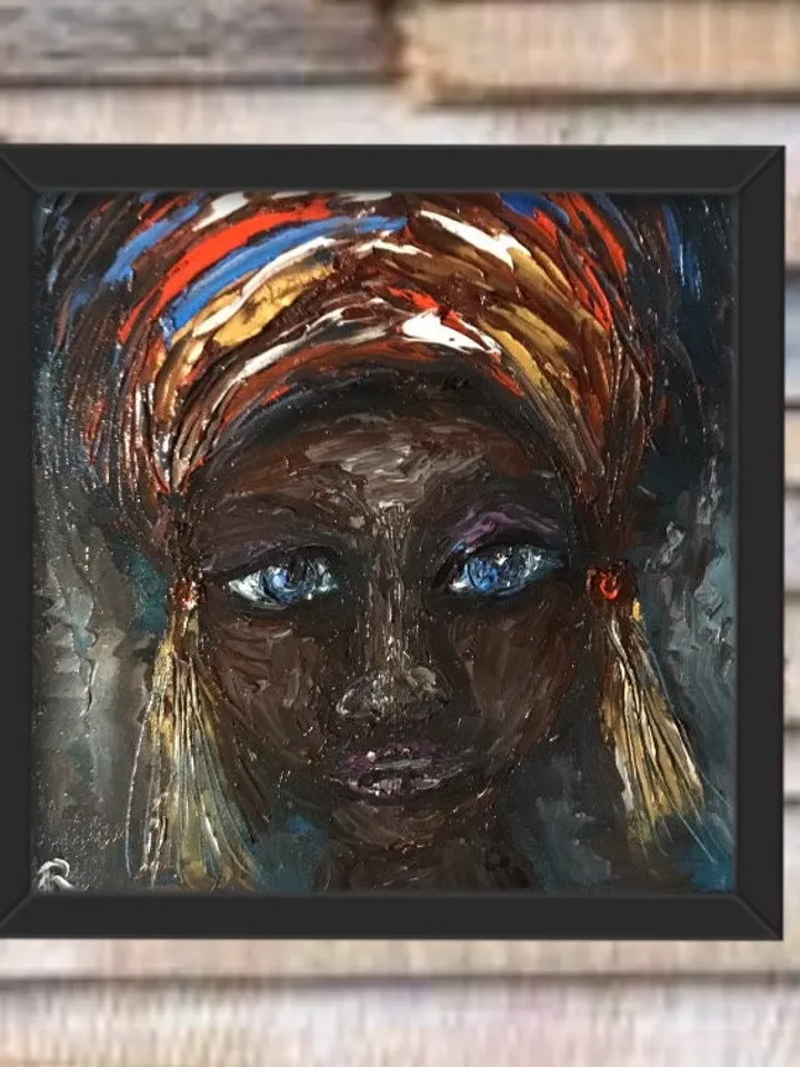 African girl original oil painting on stretched canvas,woman in a headscarf with earrings,,small gift,home decoration.