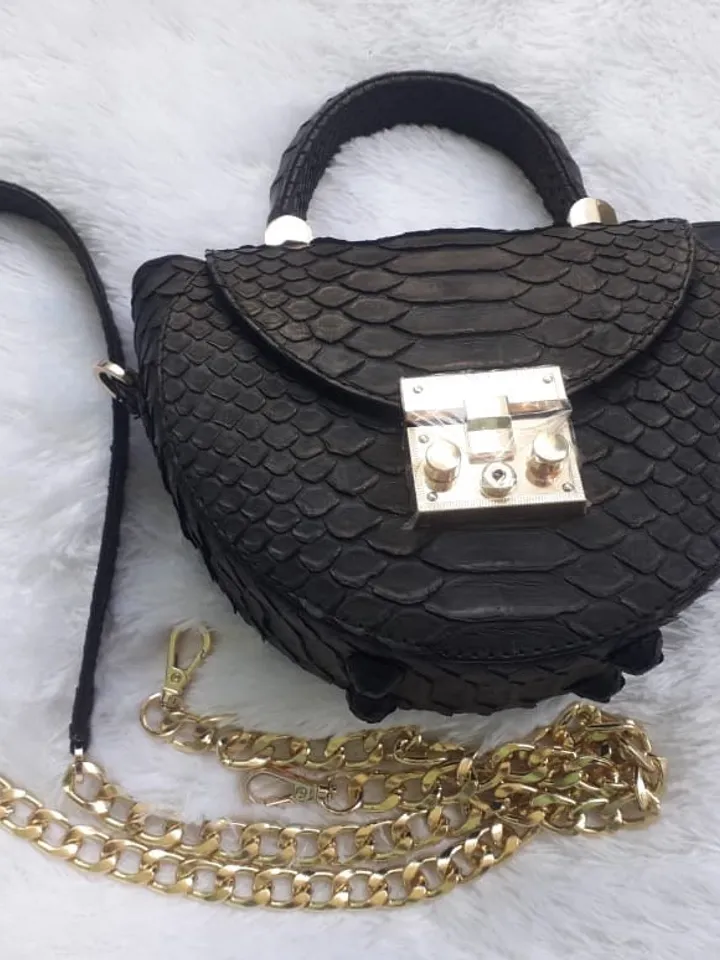 Genuine Python Skin Crosshandle Elegant Black Bag | Exotic Leather Bags | Designer Bags | Handmade Chain Crossbody Handle Women Classy Purse