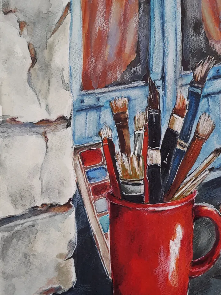 Watercolor painting.
Still life of the artist. Red mug and brushes 21x30 cm (8.3 х 11,7 inches)