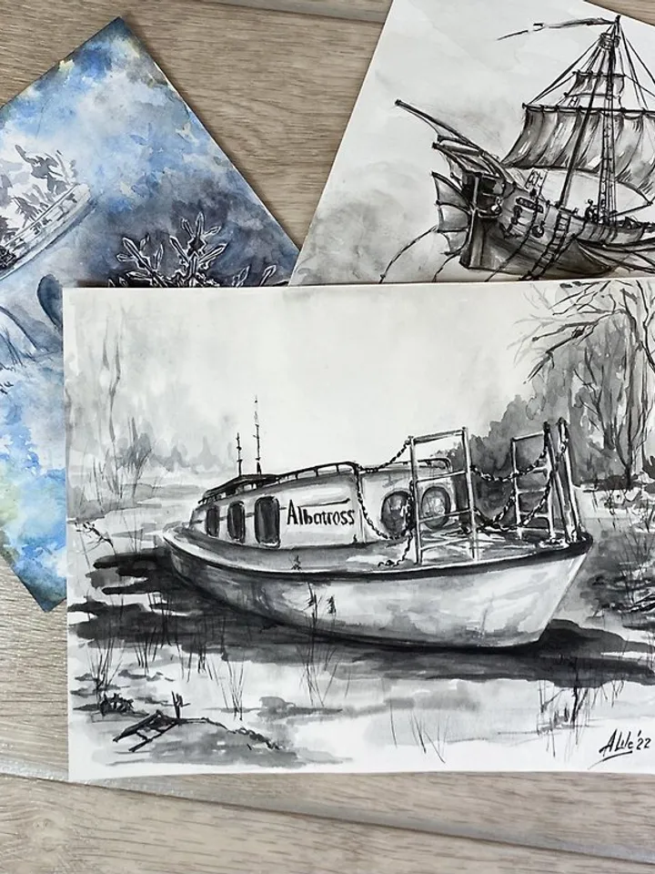 Boat painting Original watercolor painting B&W art Graphic painting Monochrome painting