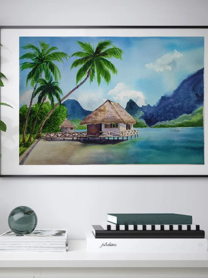 Original Watercolor Painting Tropical Landscape Art Beach and Bungalows Artwork Sea with Mountains Picture Aquarelle Tropical Beach