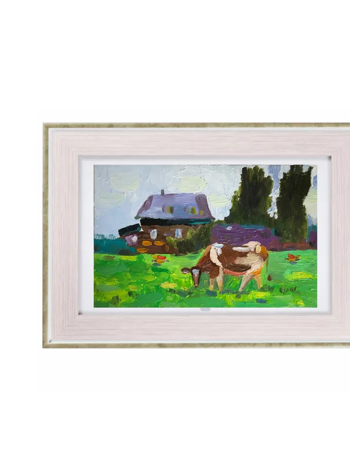 In the village Cow original oil painting hand painted impasto painting farmhouse wall art 6x9 inches