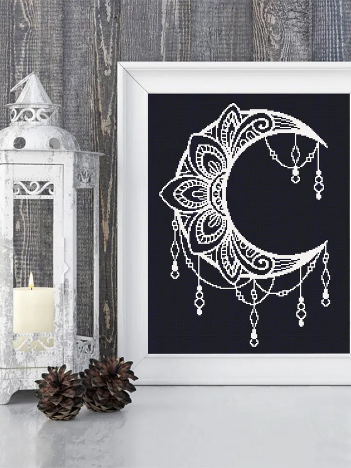 Crescent moon cross stitch pattern PDF download Mandala cross stitch chart, Mandala moon pattern digital PDF, Moon ornament embroidery #M192