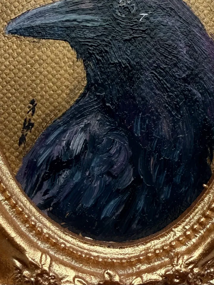 Framed Raven Painting Small Original Corvid Artwork Crow Art Tiny Oil Painting Bird Oval Frame