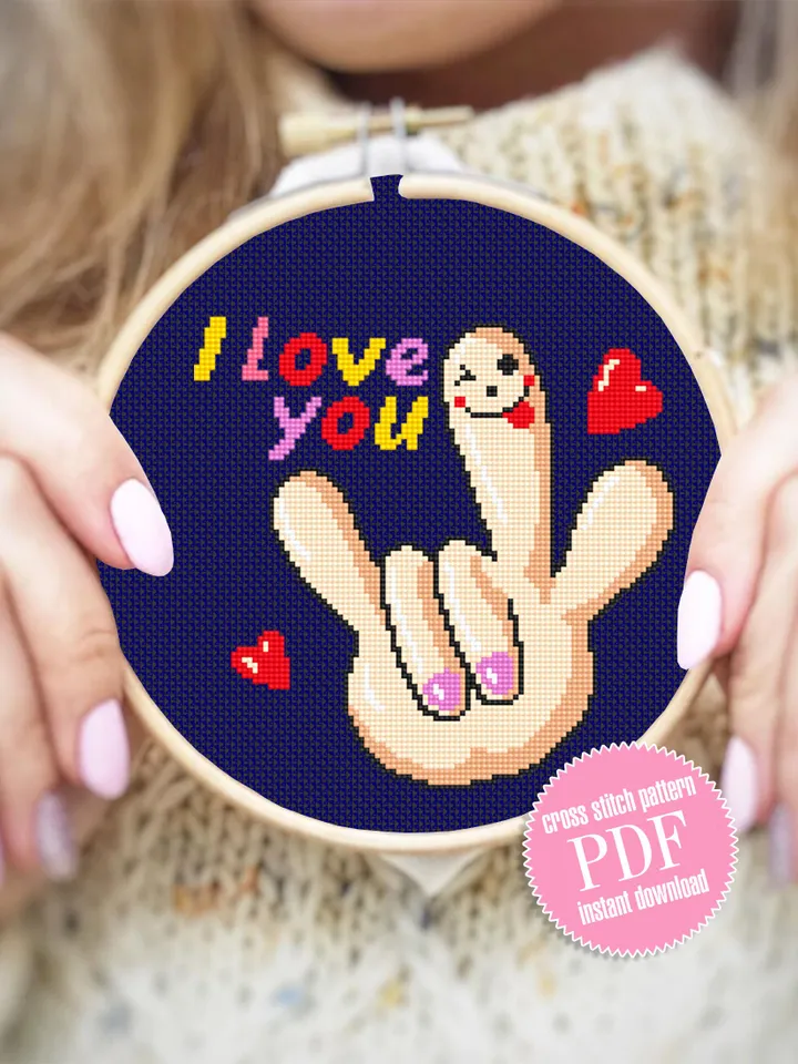 I love you cross stitch pattern download PDF, Valentines day cross stitch chart, Funny small embroidery beginner, Kawaii cross stitch #V9