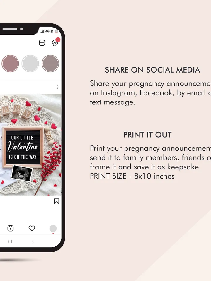 Valentines Day Pregnancy Announcement Digital for Social Media, Baby Announcement, Little Valentine Is On The Way Editable Digital Template