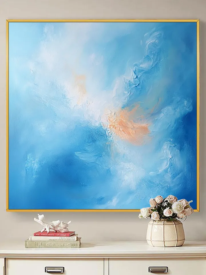 Hand-Painted Abstract Sea Oil Painting on Canvas | Soft Blue and Orange Art | Serene Wall Decor for Living Room or Bedroom | Custom Painting