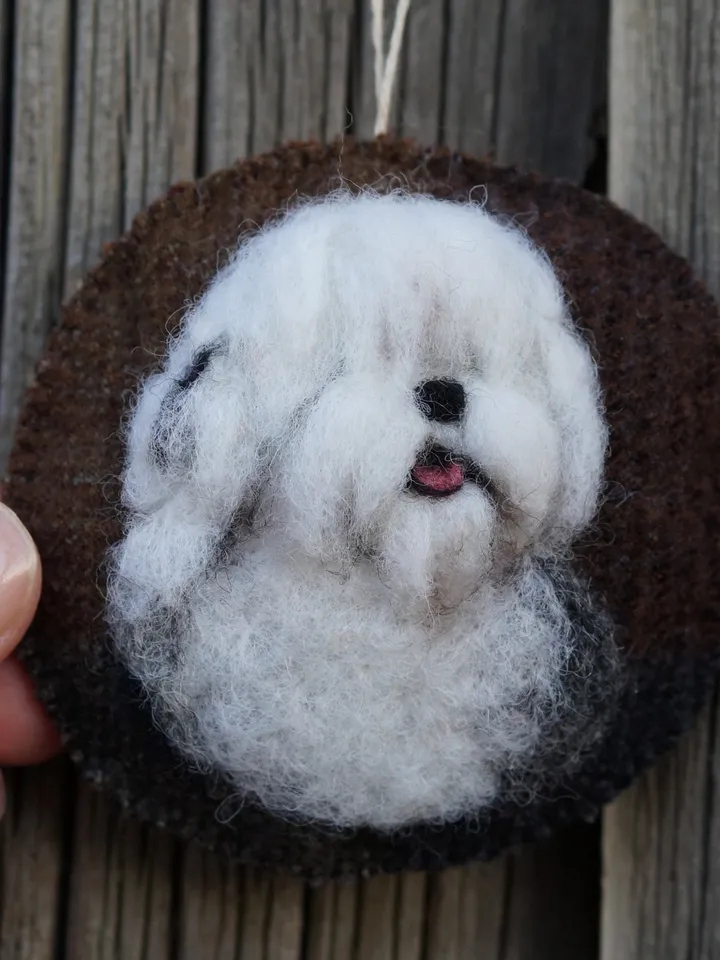 Old English sheepdog Christmas ornament, pet portrait, needle felted dog, made to order