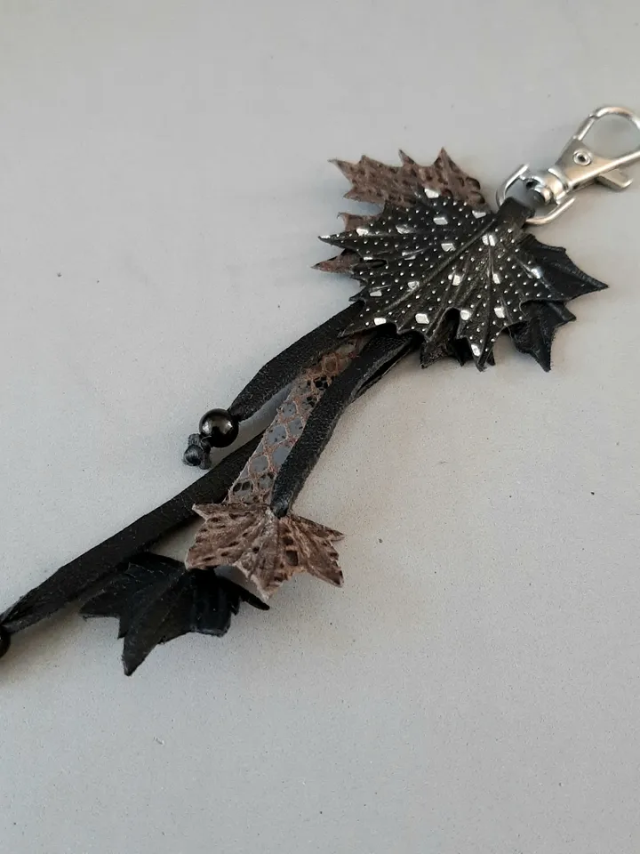 Black maple Leaf Keychain Leather tassel charm Leather Pendant