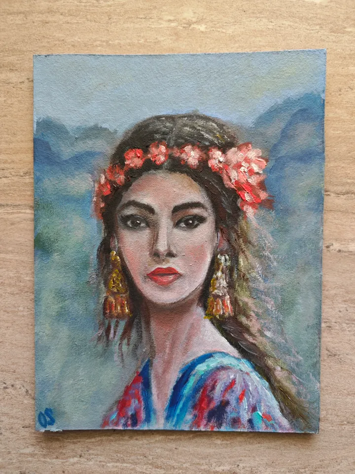 Easten Girl Portrait Original Painting Oriental Girl With Earrings Original Art Girl Portrait Modern Artwork Girl Wall Decor Woman Oriental Oil Painting 6x8 inches by OlgaSokolovaArt
