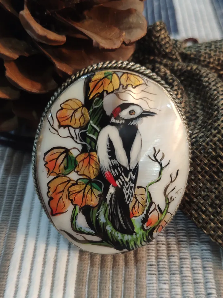 Handmade brooches for women with Forest Bird: hand painted mother of pearl brooch, elegant shell pin with Woodpecker in the forest