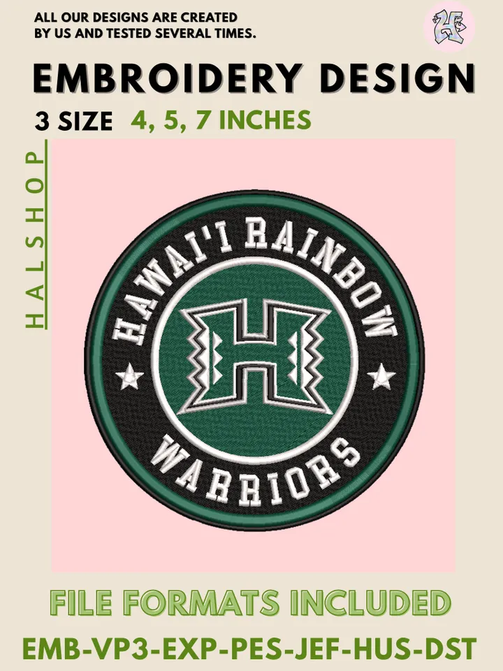 NCAA Hawai‘i Rainbow Warriors Logo Embroidery Design, College Team Machine Embroidery Files, Digital Download