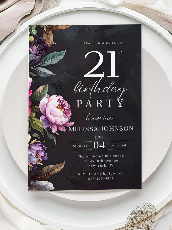 21st Birthday Invitation for women – Moody Burgundy & Blush Peony Floral Invitation, Elegant Dark Men Birthday Party Invite Canva Template