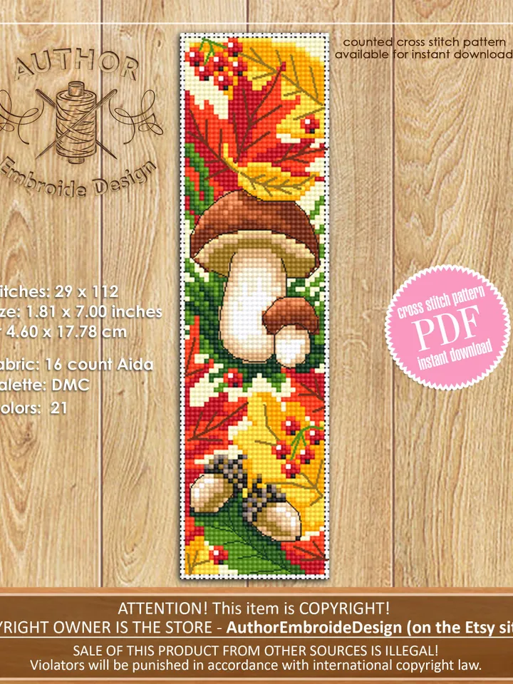 Mushroom bookmark cross stitch pattern PDF download Boletus mushroom cross stitch chart, Digital bookmark pattern PDF, Fall embroidery #B165