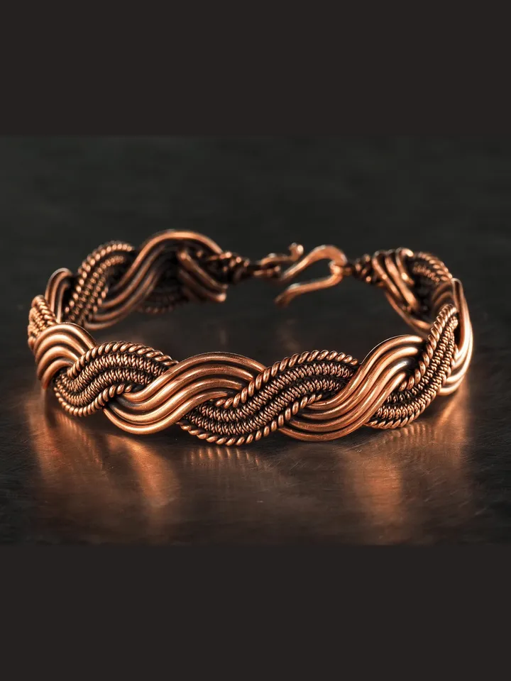 Wire wrapped bracelet, Unique 7th 22nd Anniversary gift idea, Art Nouveau antique style, One of kind braided statement bangle, Handmade oxidized pure copper jewelry, Pain relief, EMF protection