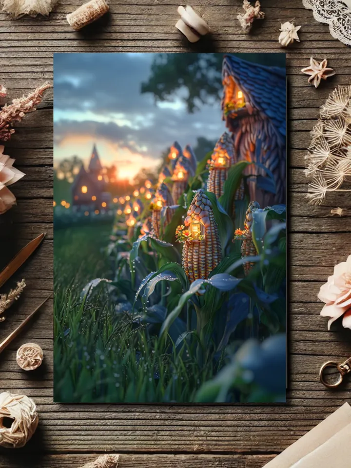 Set of 6 Enchanted Fairy and Mythical Creature House Postcards – Fantasy Art Collection. Corn Houses