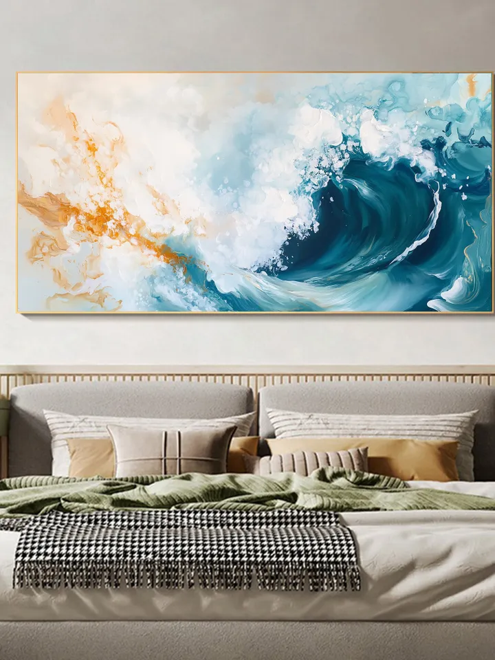 Ocean Wave Painting, Abstract Seascape Art, Blue and Gold Wall Art, Textured Wave Art, Large Canvas Artwork, Original Painting, Bedroom Art