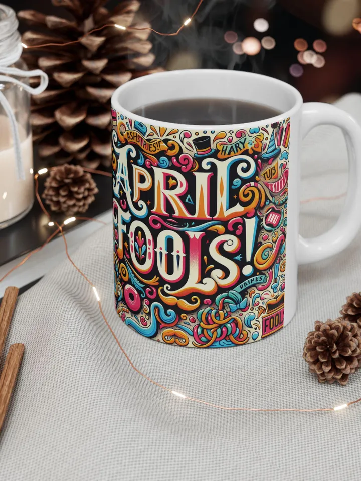 Whimsical April Fools Ceramic Mug, Funny Coffee Cup Gift, Colorful Mug for Jokesters, April Fools Day Decor, Unique Tea Mug