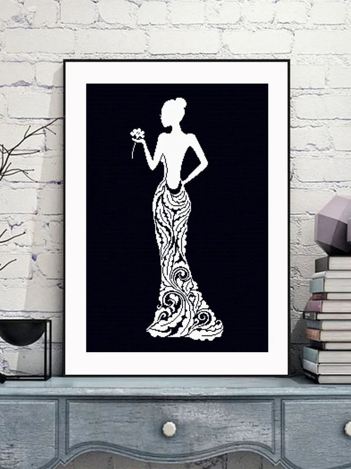 Elegant Dress cross stitch pattern download PDF Woman silhouette cross stitch chart, Monochrome cross stitch mandala dress, Home decor #M195