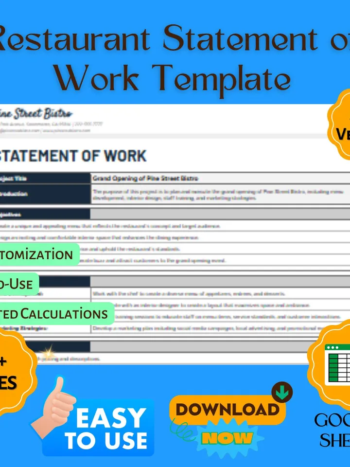Restaurant Statement of Work Template, SOW Agreement Form, Restaurant Work Scope Document, Google Sheets Contract Template