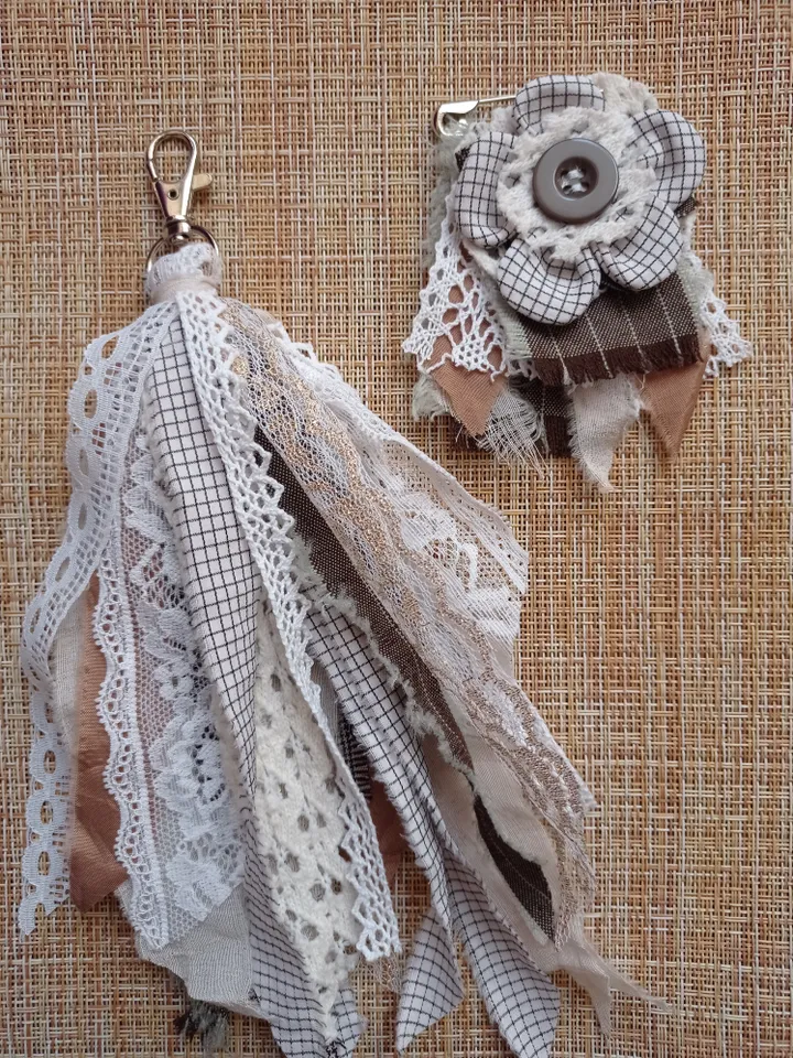 Brooch and keychain made of ribbons and boho fabric set
