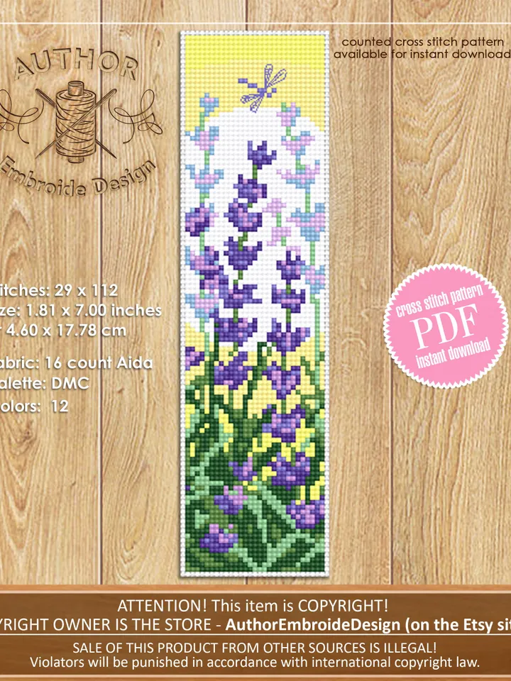 Flower bookmark set cross stitch pattern PDF download Floral bookmark for women, Bookmark pattern digital PDF Lavender, Sakura, Cotton #B265