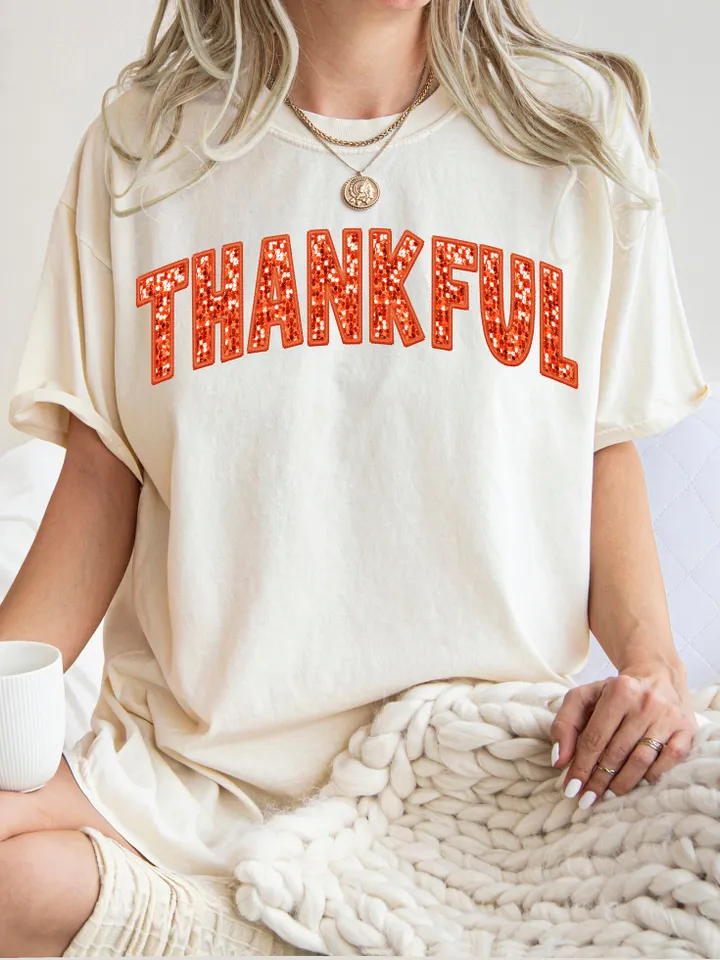 Thankful PNG Thanksgiving Faux Glitter Sequins Embroidery Letters PNG Thanksgiving PNG, Varsity Design, Fall Sublimation, Autumn Png Trendy