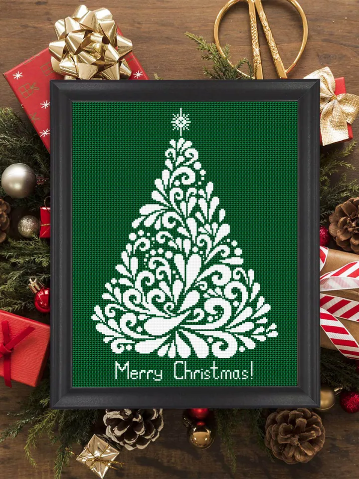 Christmas Tree cross stitch pattern download PDF Merry Christmas pattern digital Monochrome cross stitch Holiday embroidery Home decor #N18
