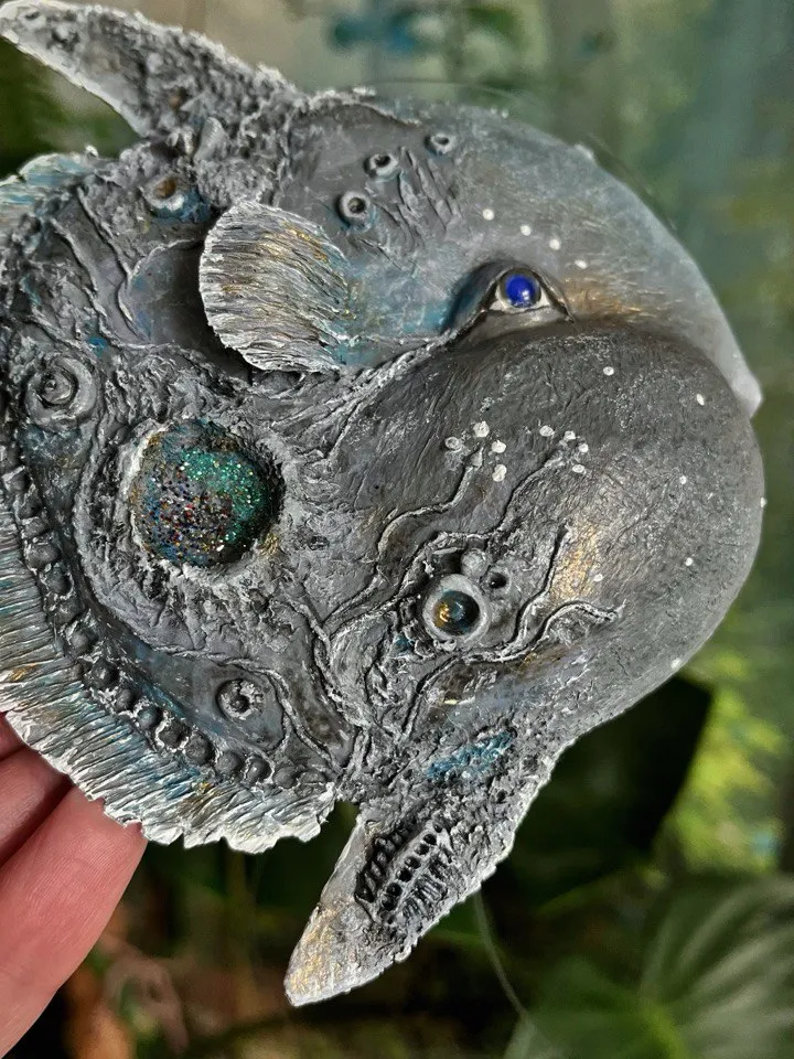 Suspended papier-mâché figurine Fish Moon. Art sculpture from papier-mache - series “Sea”. Unique interior decor handmade. Unusual interior pendant for your collection.