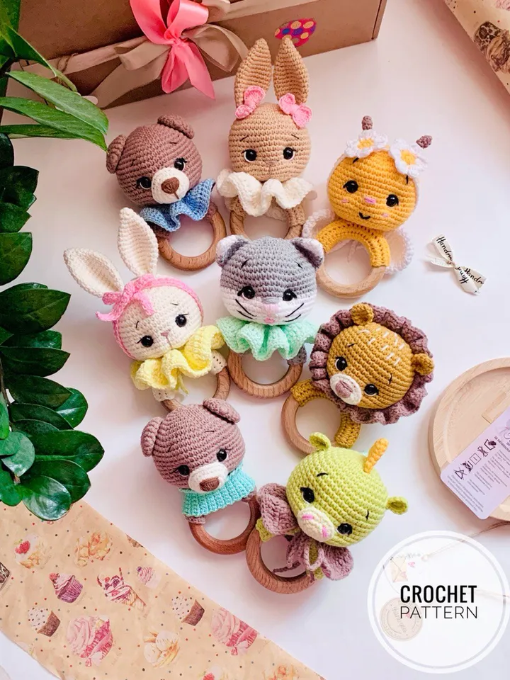 Crochet Pattern Rattle, toy for baby toddlers, Crochet Cute, Amigurumi Little Hands Toy, Plush Animal Bear, Bunny, Lion, Cat, Bee, Fox, Dragon”