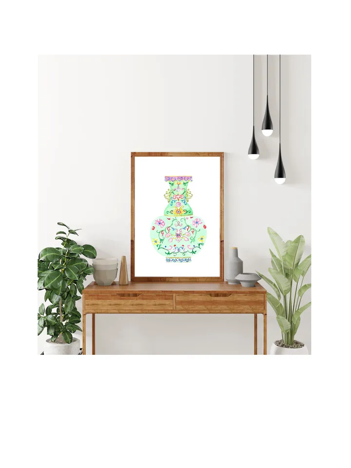 Chinoiserie Green Ginger Jar Watercolor Wall Art Print Chinoiserie Vase Art Vintage Porcelain Vase Arts For Living Room Ginger Jar Decor