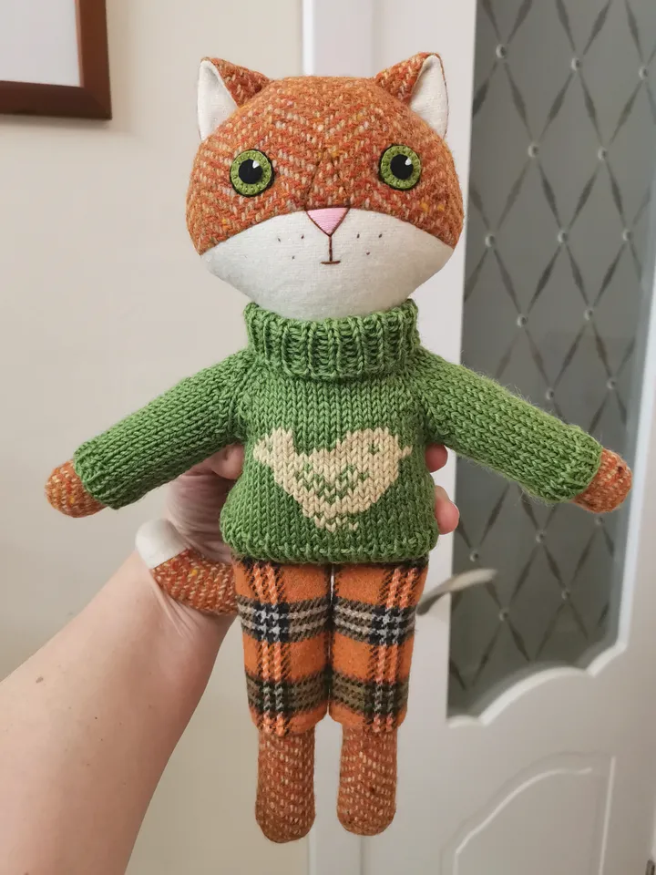 Red cat boy, handmade fabric stuffed doll, kitten wool plush toy