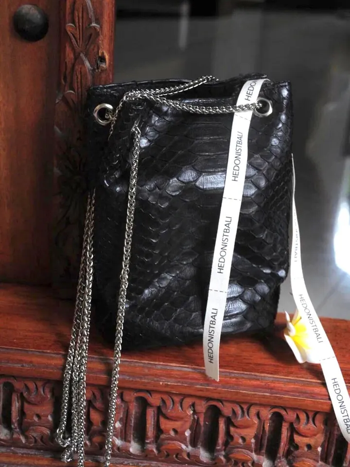 Genuine python skin bucket black chain bag / designer women purse / small soft sport bag / exotic leather bags free shipping | gift for her