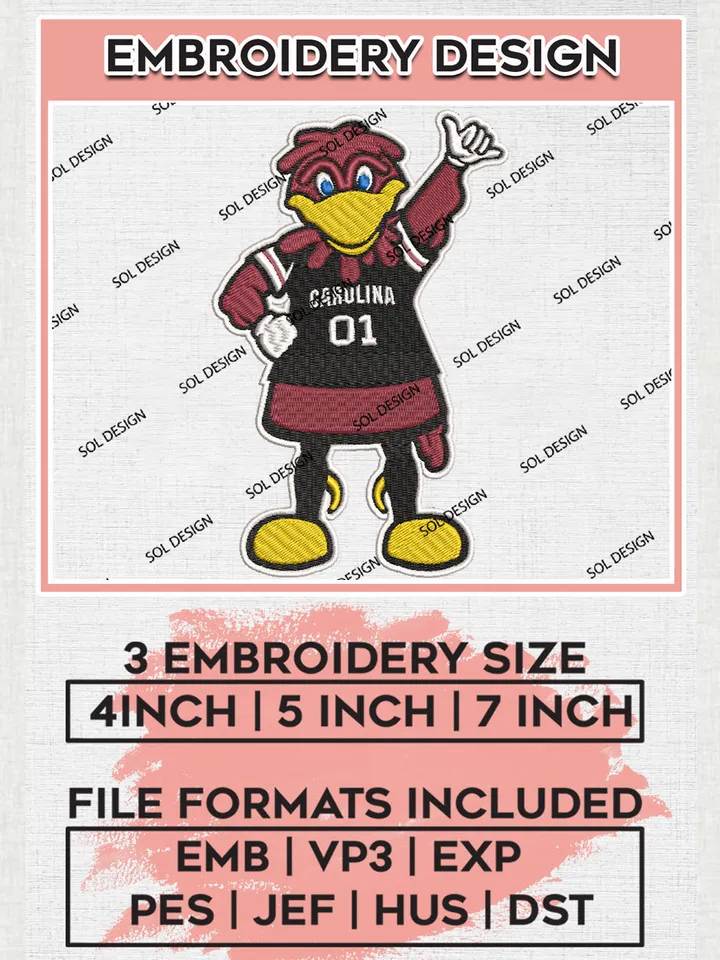 NCAA South Carolina Gamecocks Team Mascot Logo Embroidery Design Files, NCAA South Carolina Gamecocks Machine Embroidery, NCAA Teams, 3 sizes, NCAA Machine embroidery designs, Digital Download