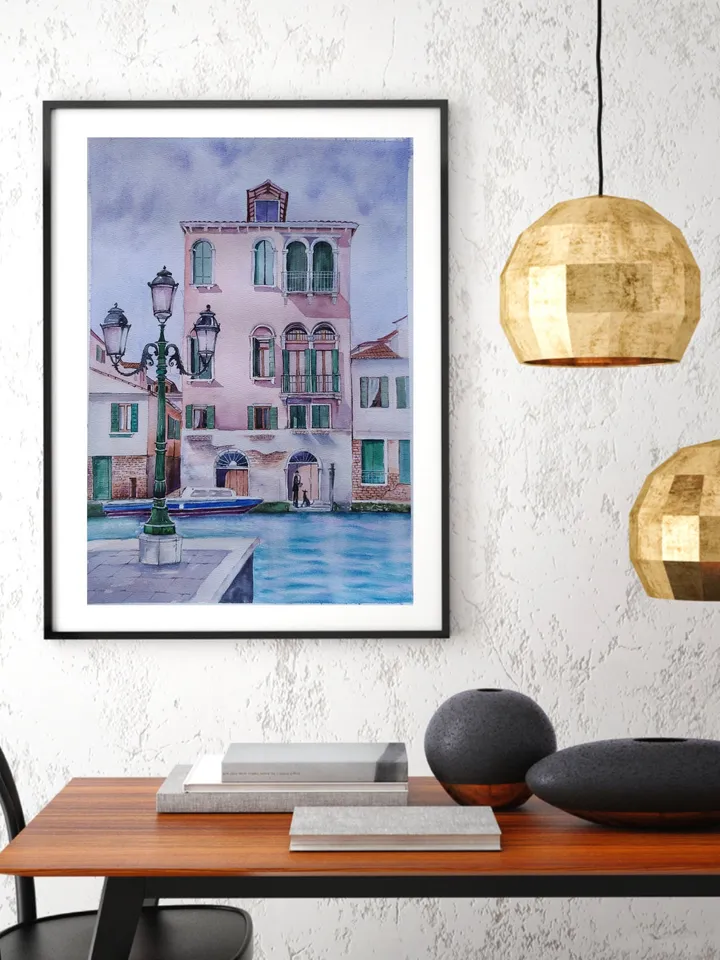 Original Watercolor Painting Urban Landscape Art Pink House Artwork House on Venetian Canal Picture 30x40 cm by SoftWaves