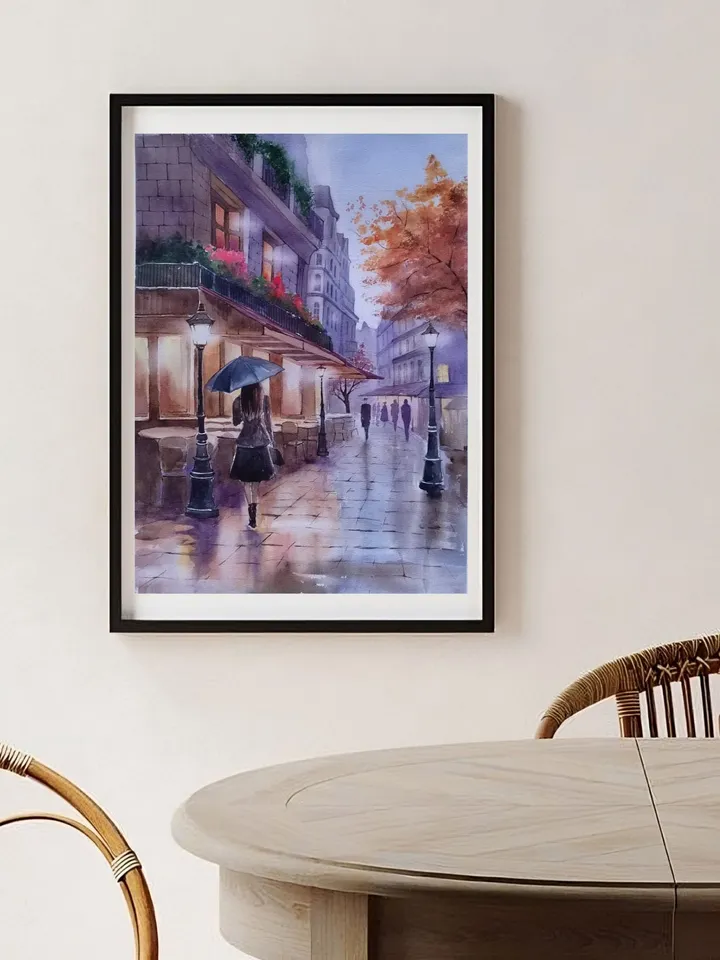 Old Paris Cafe Painting Girl Umbrella Art Cozy Cityscape Artwork Night Street Picture Original Watercolor Painting 11.8x15.7 in by SoftWaves