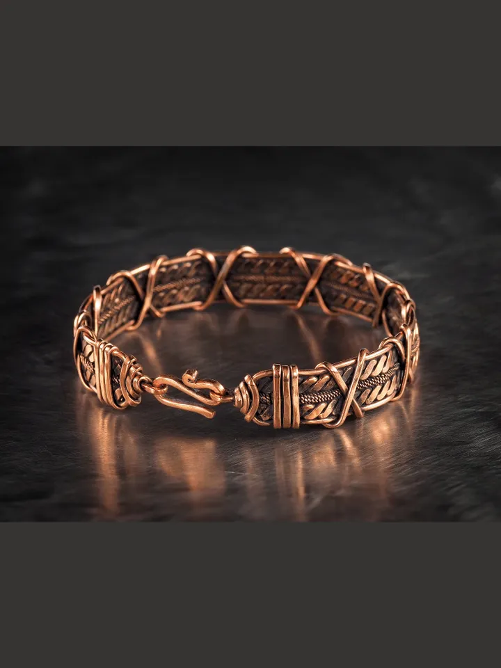 Wire wrapped bracelet, Unique 7th 22nd Anniversary gift idea, Art Nouveau antique style, One of kind braided statement bangle, Handmade oxidized pure copper jewelry, Pain relief, EMF protection