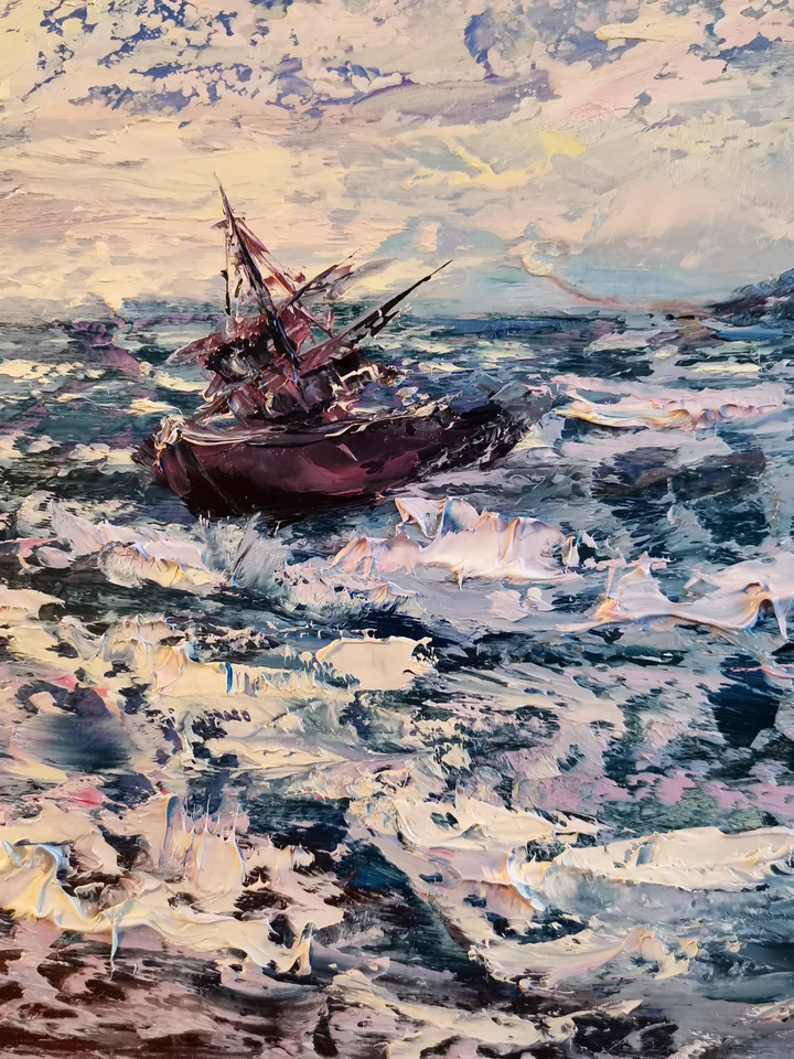 Mountains Sea Ship Ocean Sunset Original Art Oil Painting Artist Svinar Oksana